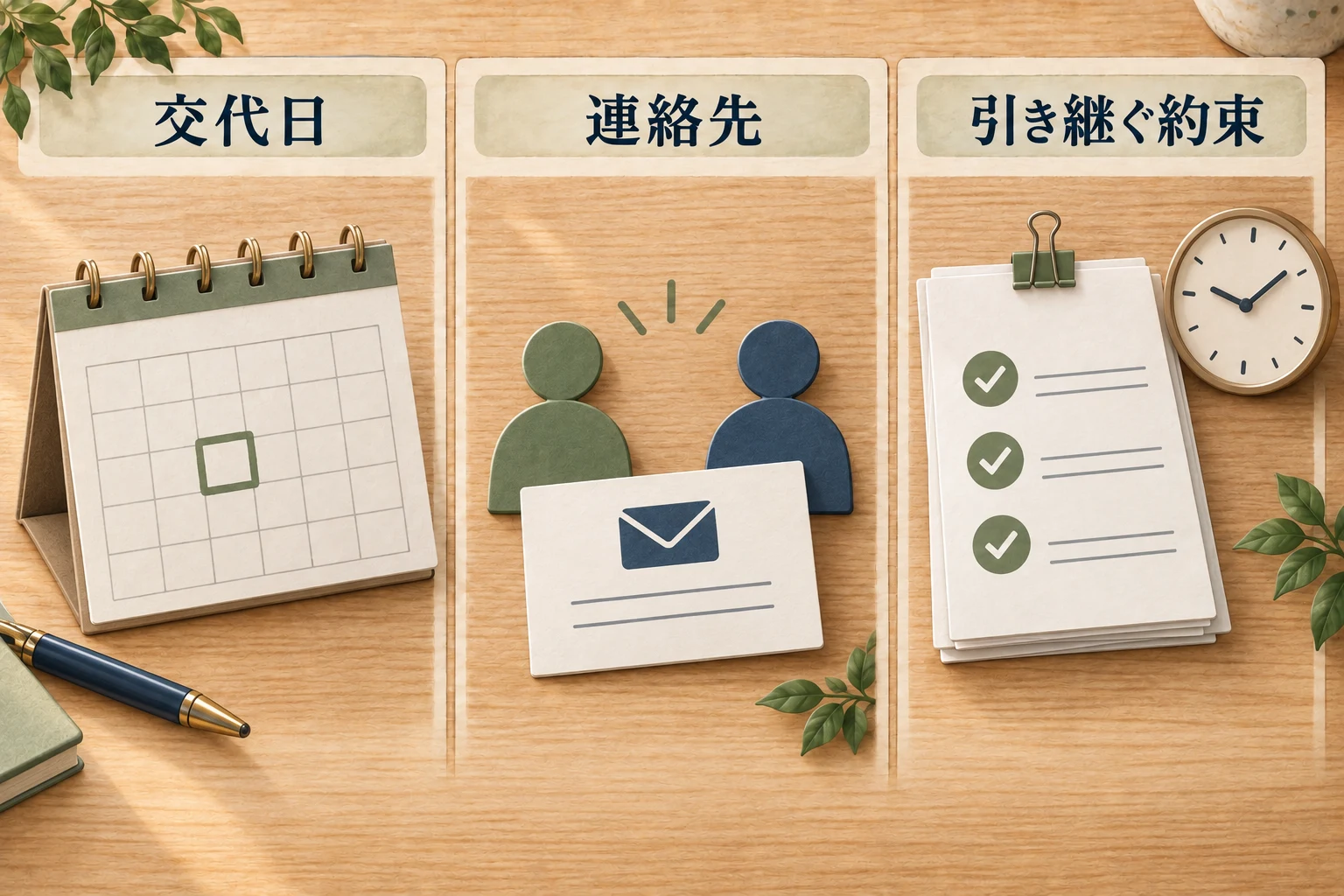 担当変更の挨拶では、交代日、連絡先、引き継ぐ約束を伝える