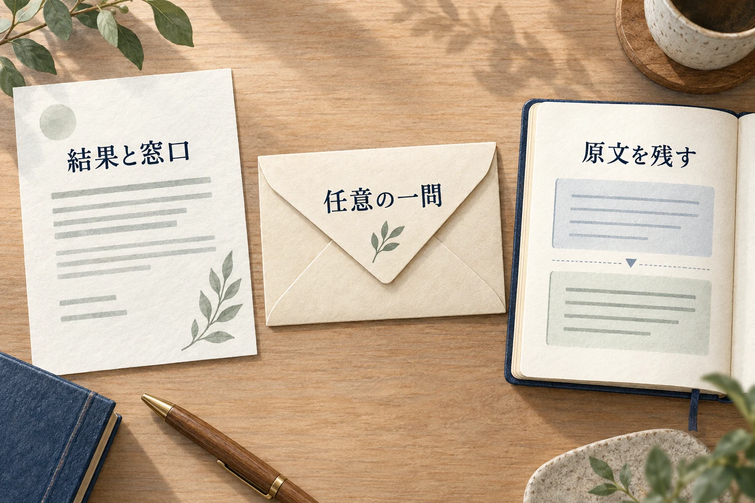 結果と質問窓口を確認し、任意の一問で尋ね、返答の原文を残す