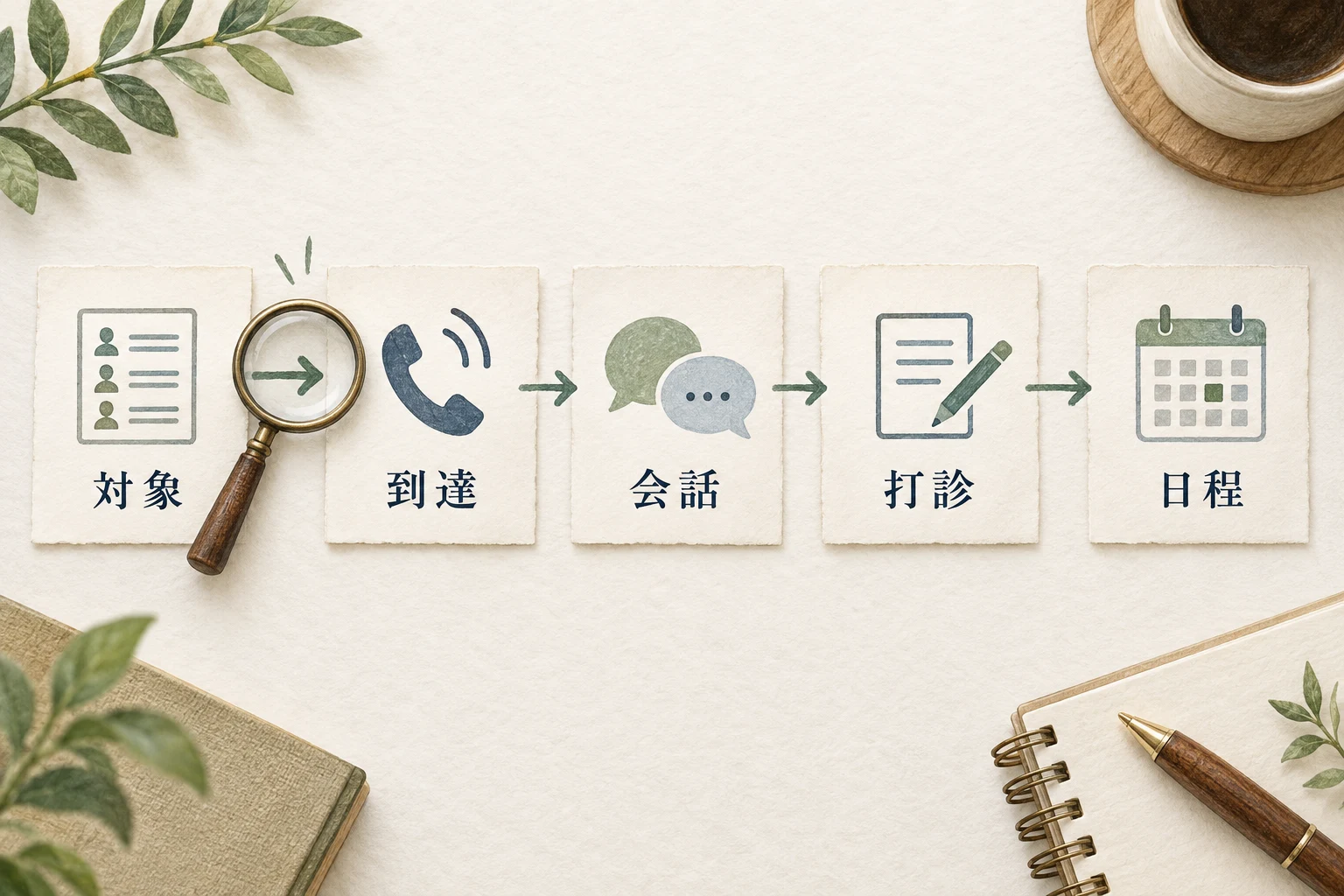 対象、到達、会話、打診、日程の五段階を記録する
