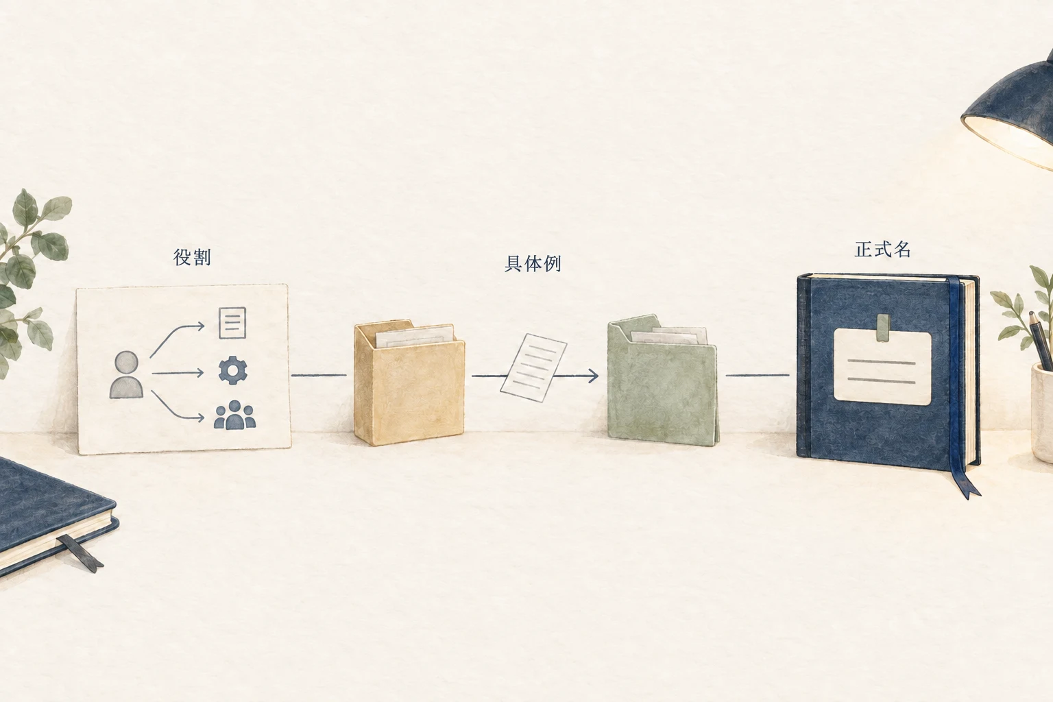 専門用語を、仕事での役割・相手の場面に近い具体例・資料と照合できる正式名へつなぐ