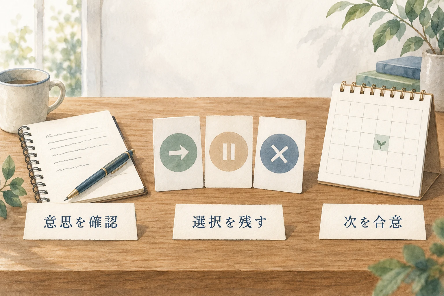 本人の意思を確認し、進む・保留・見送りの選択を残して、次の作業を合意する