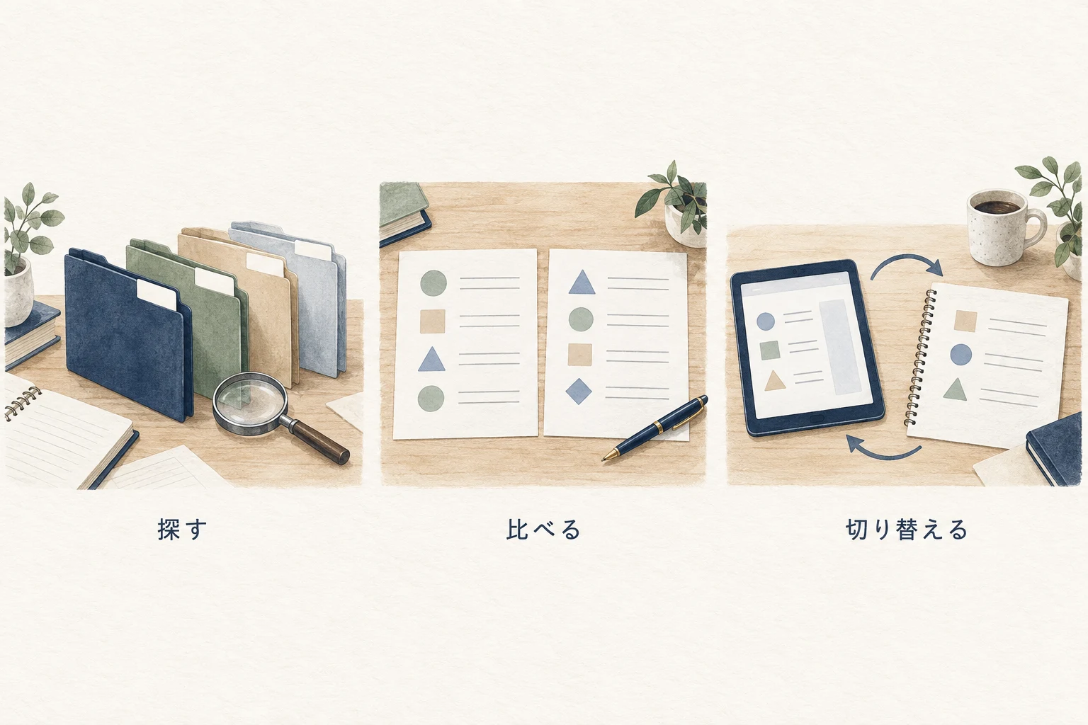 参照先が散らばる、比較表の形式が違う、画面と紙を行き来するといった提示条件を点検する
