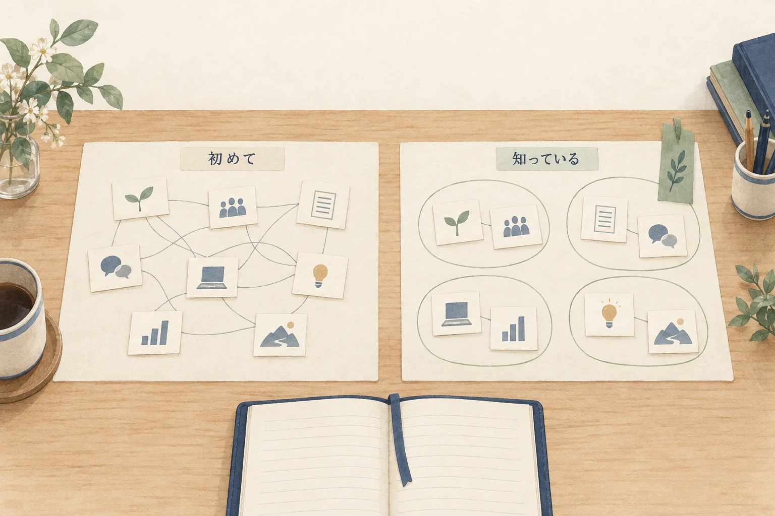 同じ情報でも、関係を初めて知る場合と、まとまりとして扱える場合で必要な処理は異なる。作業台は説明の例え