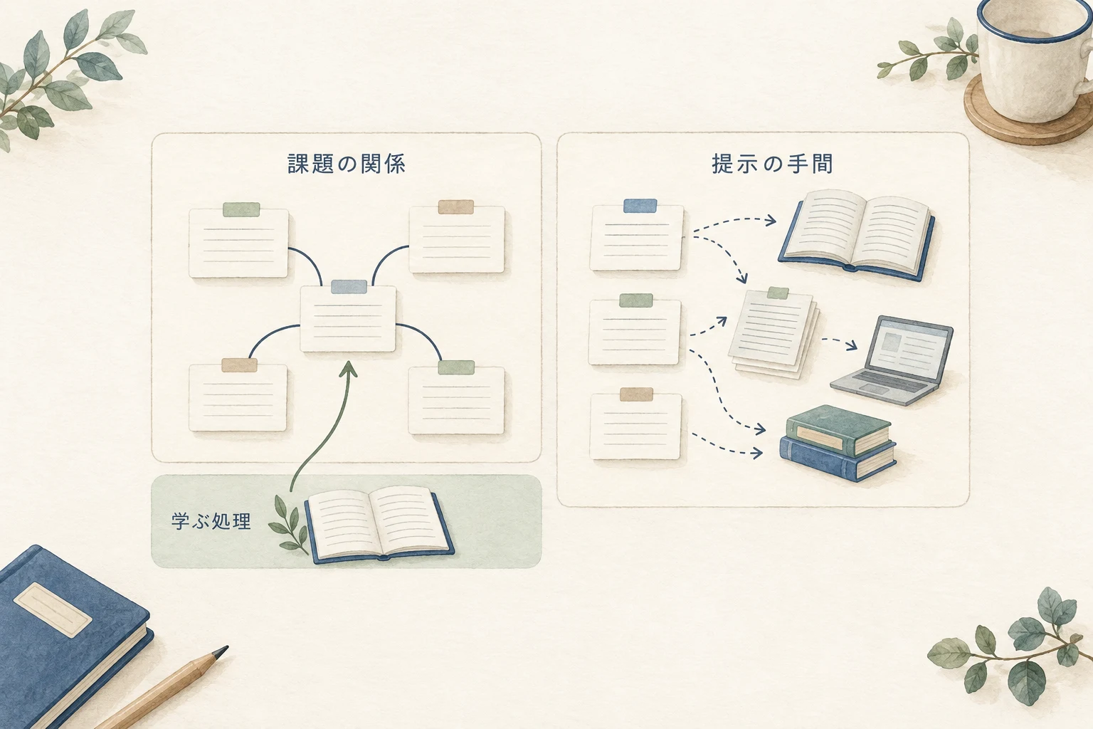 課題の関係と提示方法の手間を分け、学ぶための処理を独立した足し算の負荷として描かない図