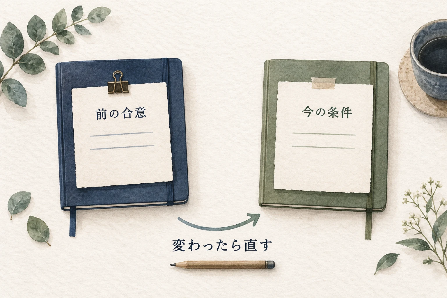 前の合意を今の条件と照らし合わせ、変わった点があれば直す。