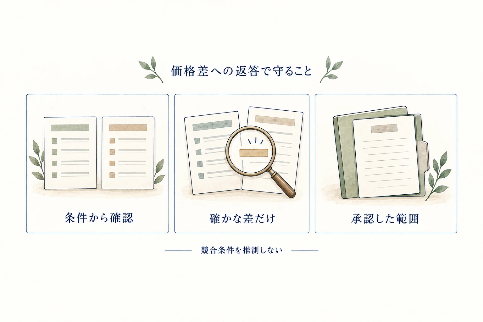 条件から確認し、確かな差だけを説明し、承認した範囲で返す。競合条件を推測しない