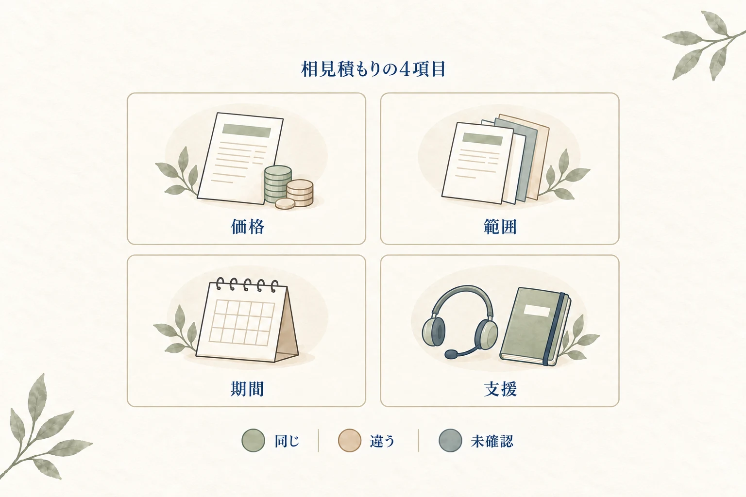 相見積もりは価格、範囲、期間、支援の4項目をそろえ、同じ・違う・未確認を分ける