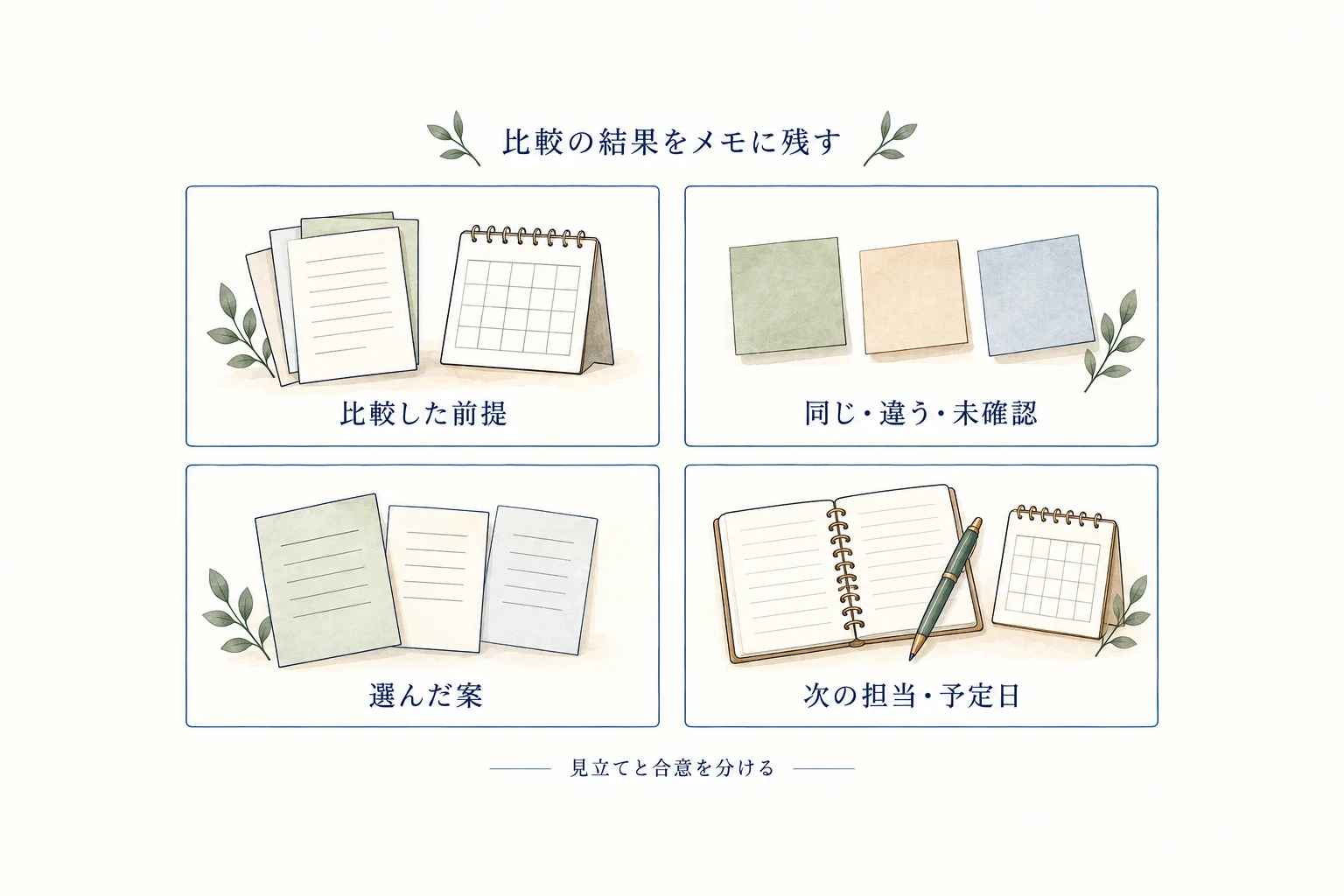 比較した前提、同じ・違う・未確認、選んだ案、次の担当と予定日を記録し、営業の見立てと合意を分ける