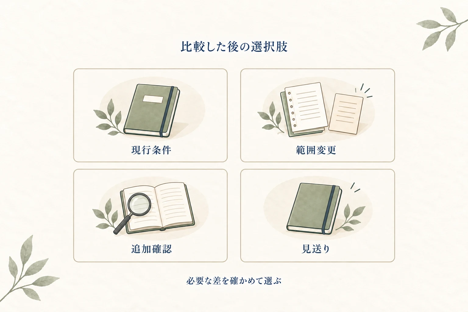 条件を比較した後の選択肢は、現行条件、範囲変更、追加確認、見送り。必要な差を確かめて選ぶ