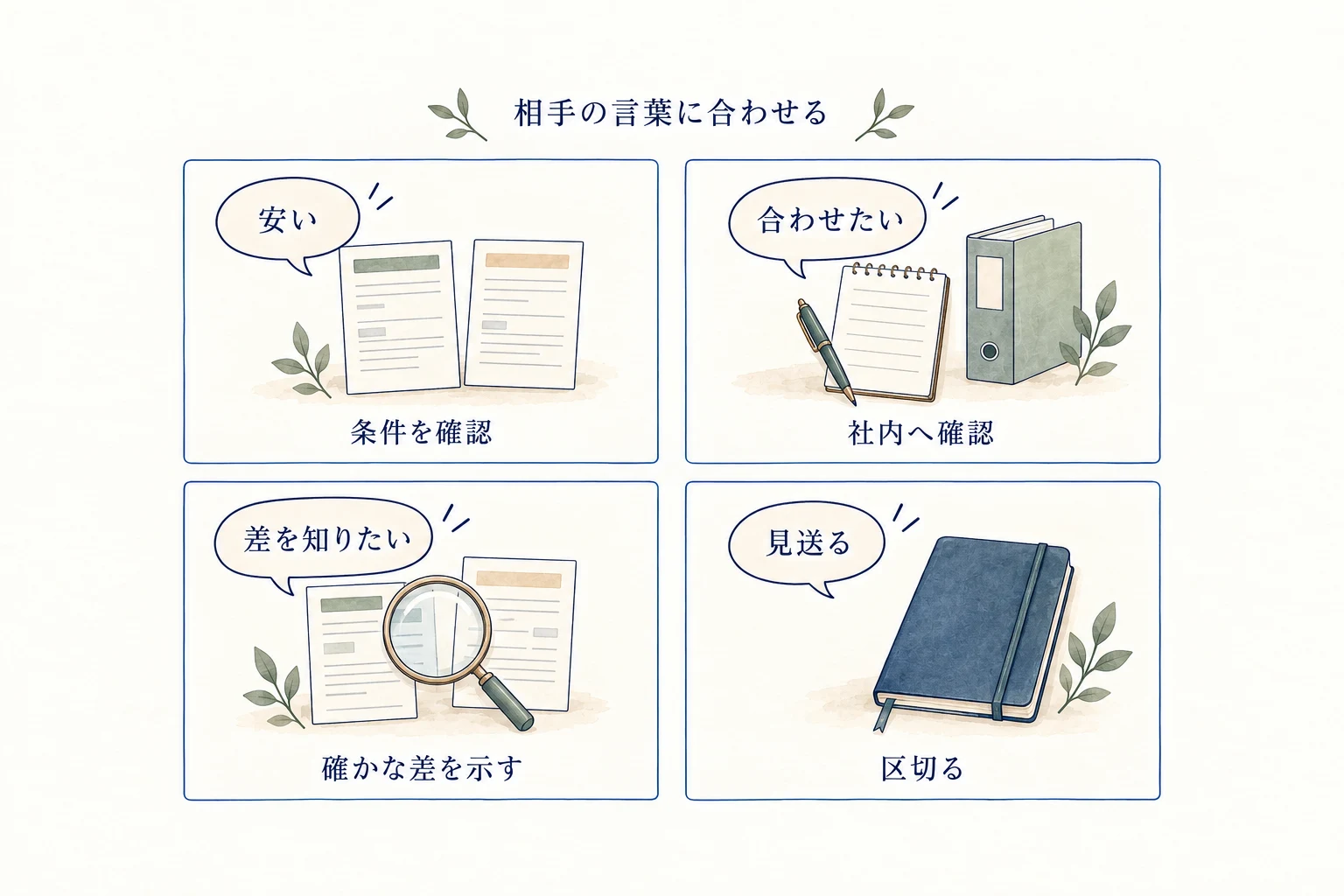 相手の言葉に合わせ、条件の確認、社内への調整確認、確かな差の説明、見送りの受け止めを選ぶ