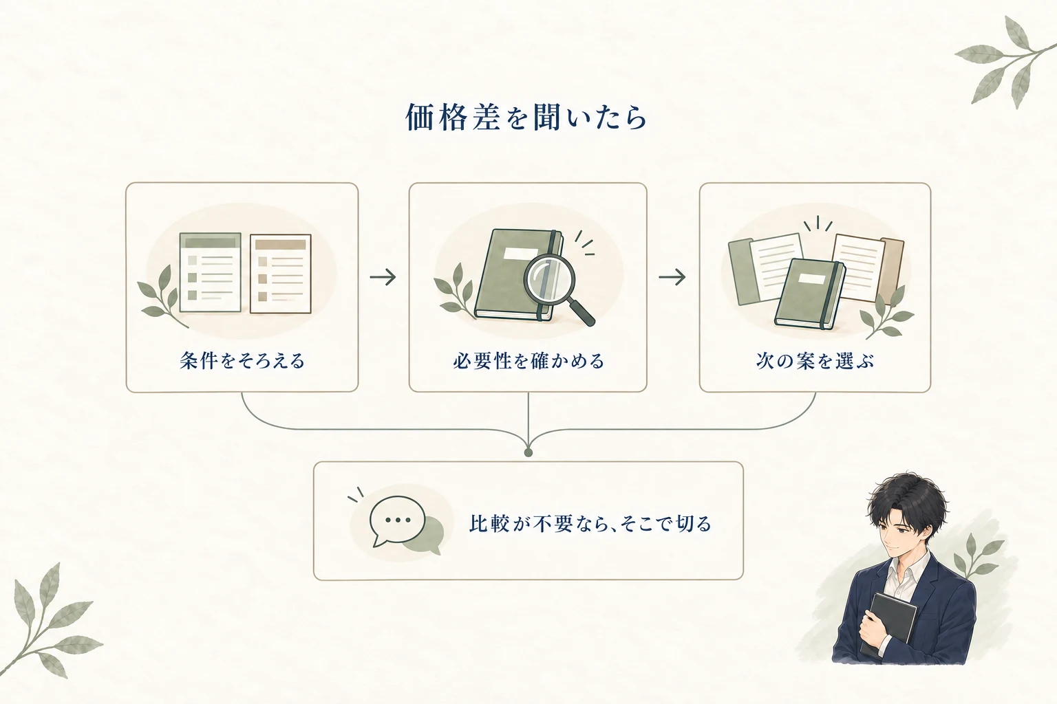 他社より高いと言われたら、比較条件をそろえ、その差が必要か確かめて次の案を選ぶ
