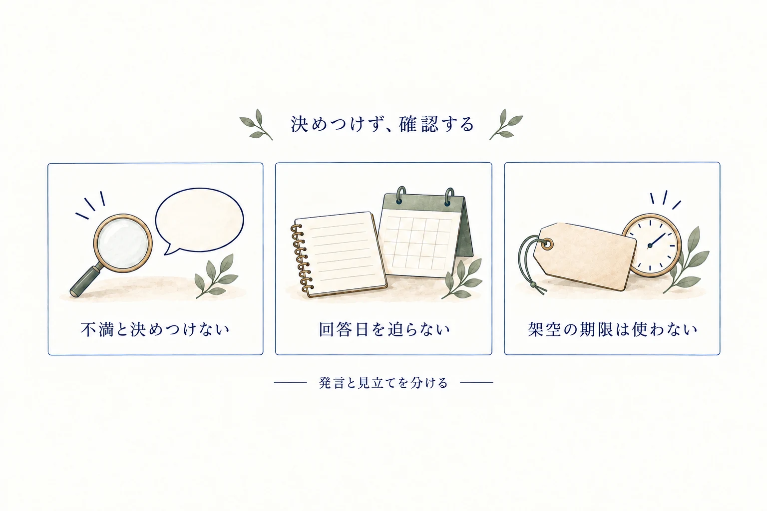 不満と決めつけず、回答日を迫らず、架空の期限は使わない。発言と見立てを分ける
