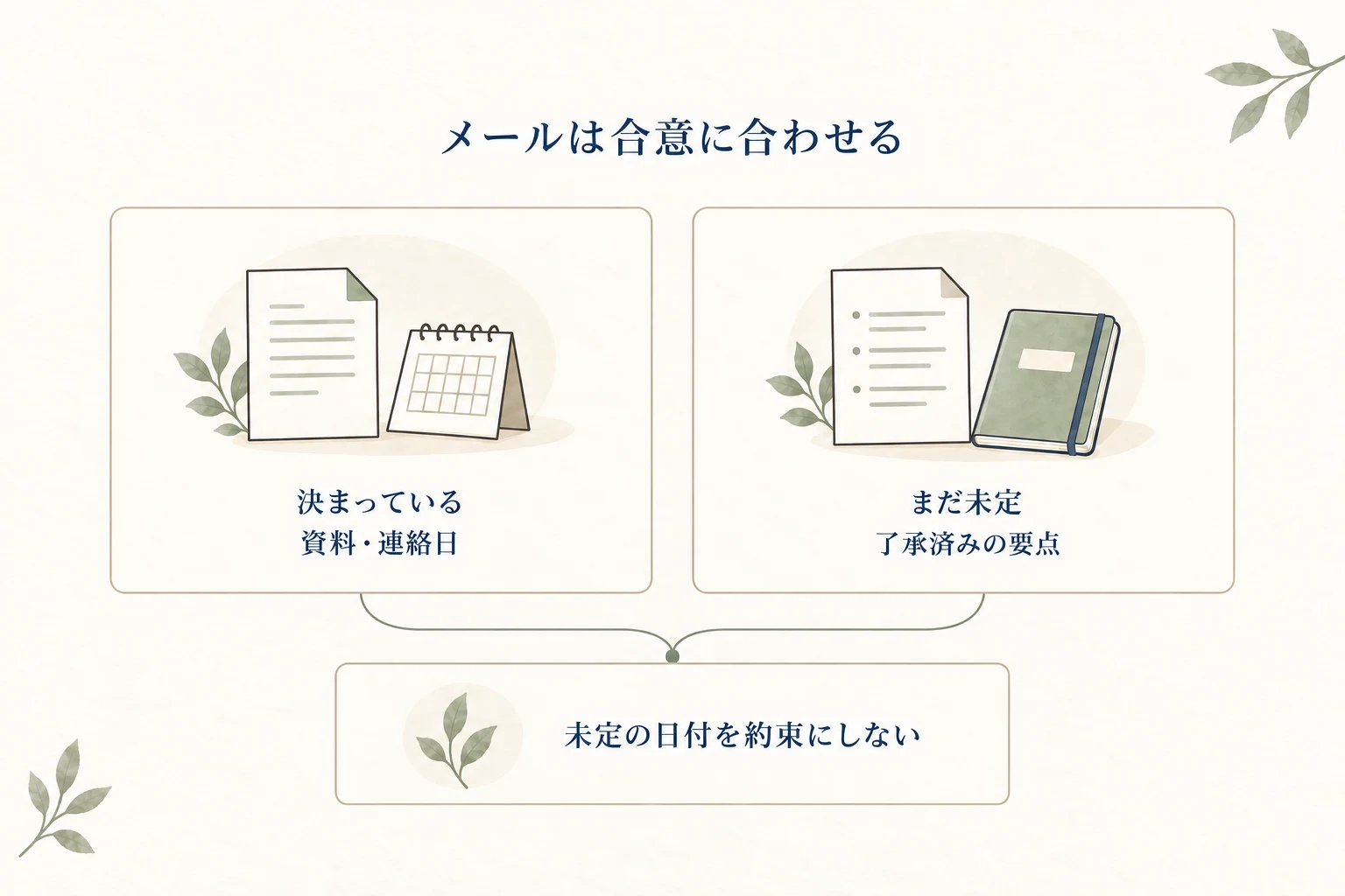 商談後メールは、合意できた場合は資料と連絡日、まだ未定の場合は了承済みの要点を送る。未定の日付を約束にしない