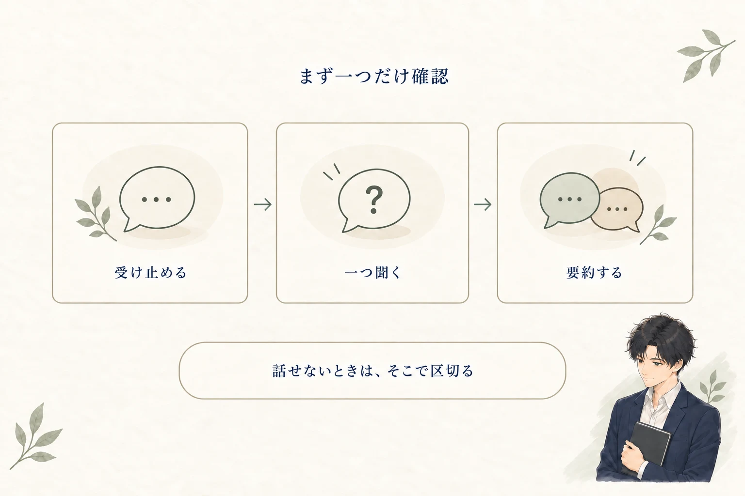 検討しますへの返答は、受け止める、一つ確認する、答えを要約する。話せない場合はそこで区切る