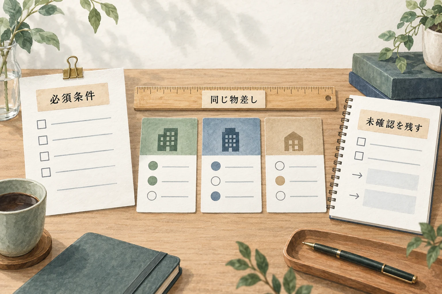 必須条件を確認し、同じ物差しで比較し、未確認を別に残す
