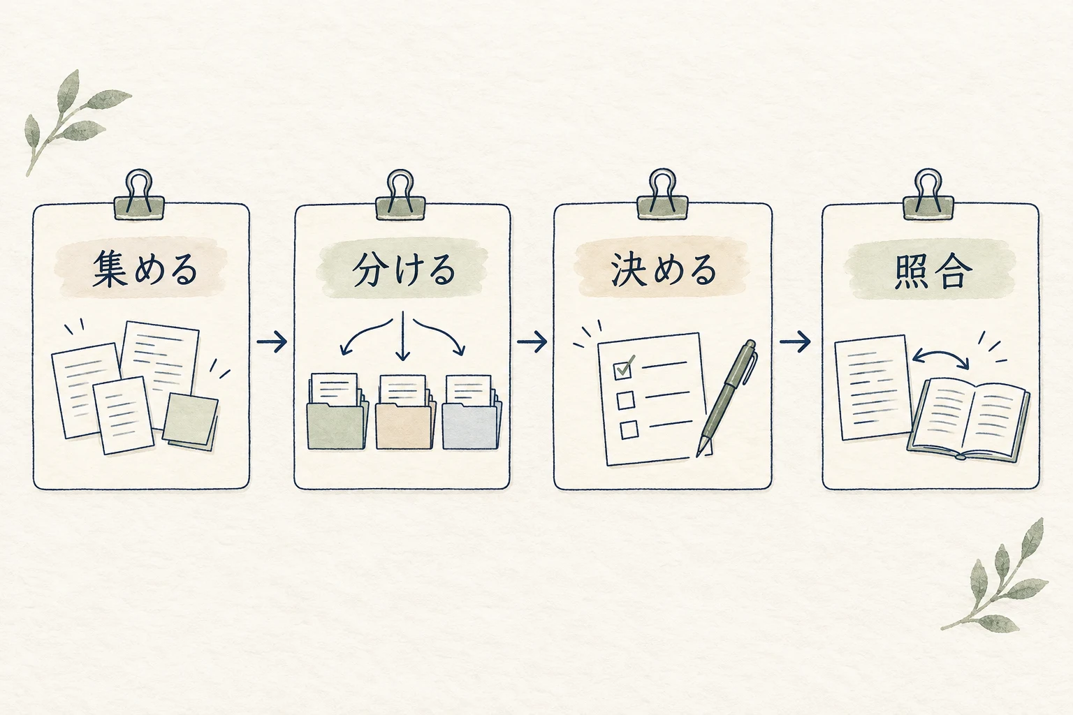 資料を集め、事実と解釈を分け、次の行動を決め、原資料と照合する四段階