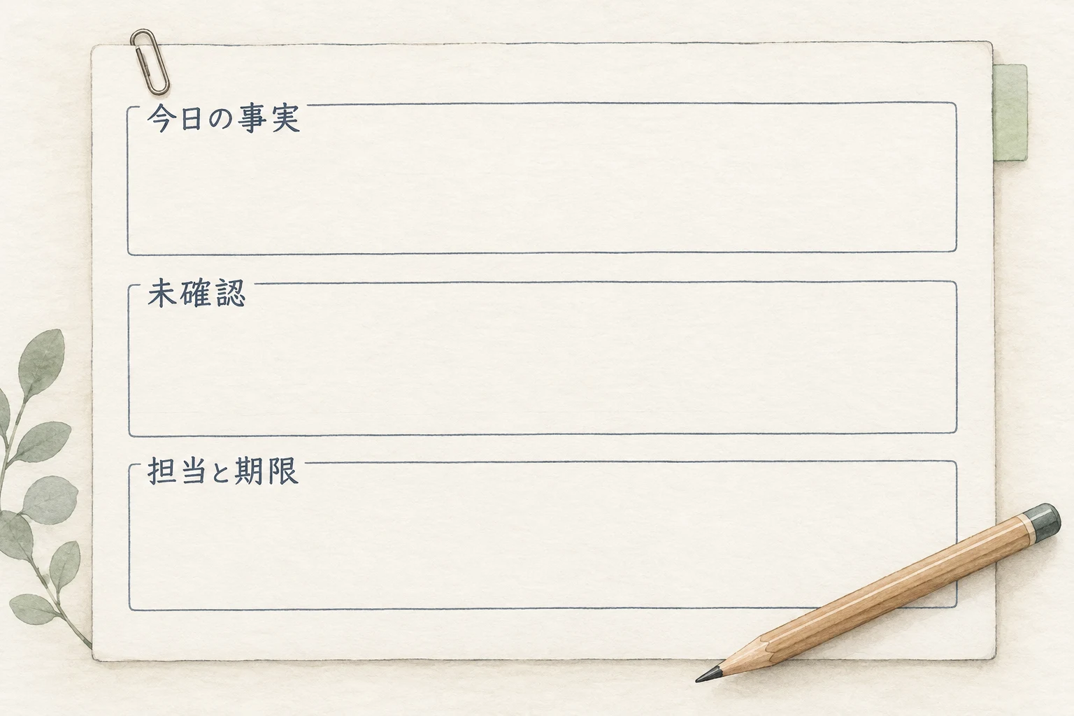 今日の事実、未確認、担当と期限を中心にした空欄の営業日報テンプレート
