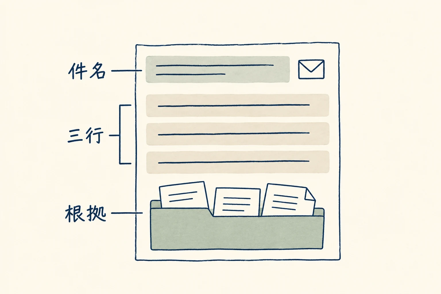判断を仰ぐメールの件名、冒頭三行、根拠資料を一通の中で分けて示す