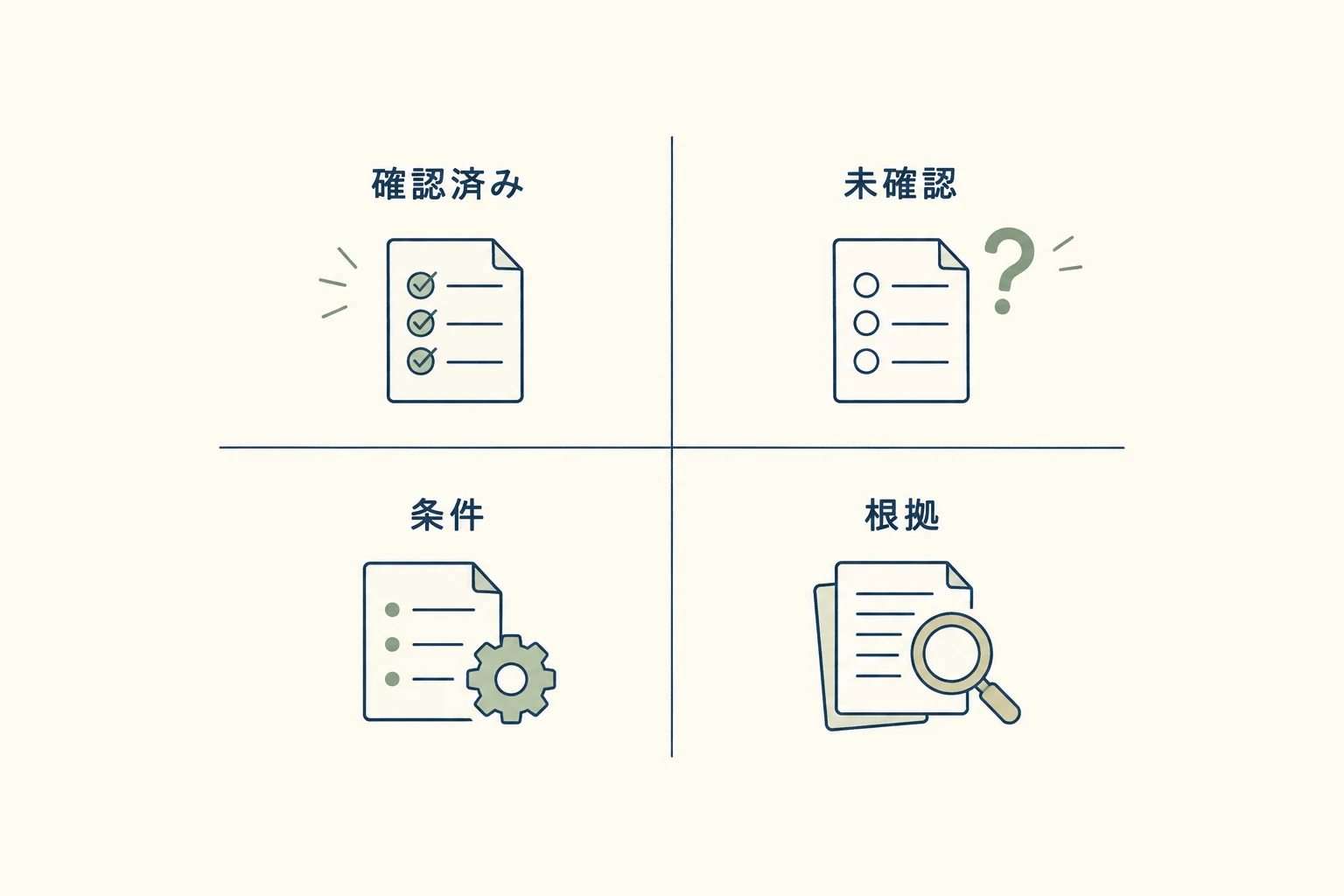 判断依頼メールに必要な確認済み、未確認、条件、根拠を四欄に分ける