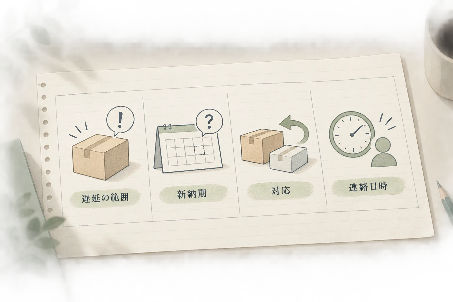 遅延の範囲、新納期の確定状態、実行できる対応、次の連絡日時を一通のメールの四欄に分ける