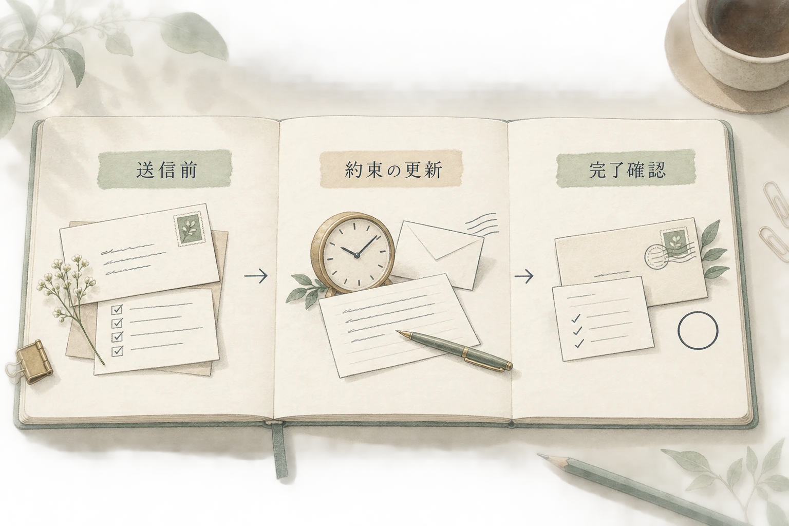 送信前の事実と宛先確認、約束した時刻の更新、納品や取消しの完了確認を分ける