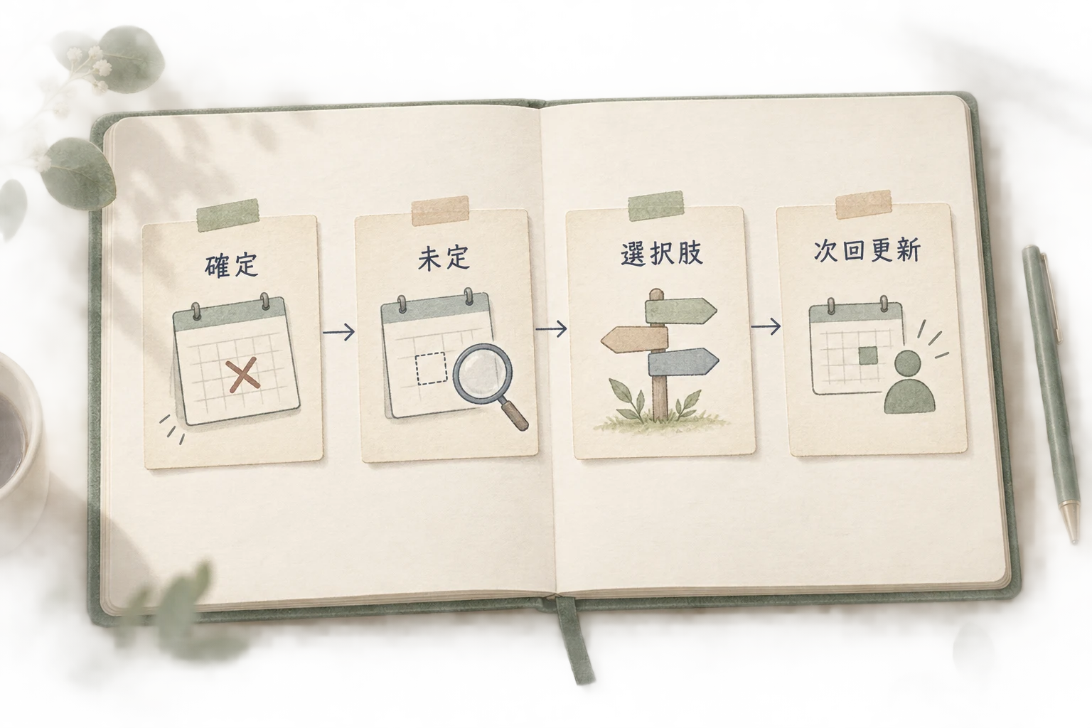 納期遅延の確定範囲、新納期の未定、実行できる選択肢、次回連絡を四つに分ける