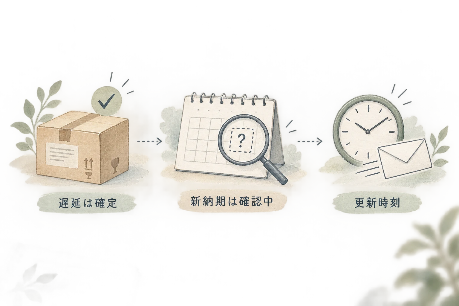 当初納期に間に合わない事実は確定し、新納期は確認中と分け、次回更新時刻を示す