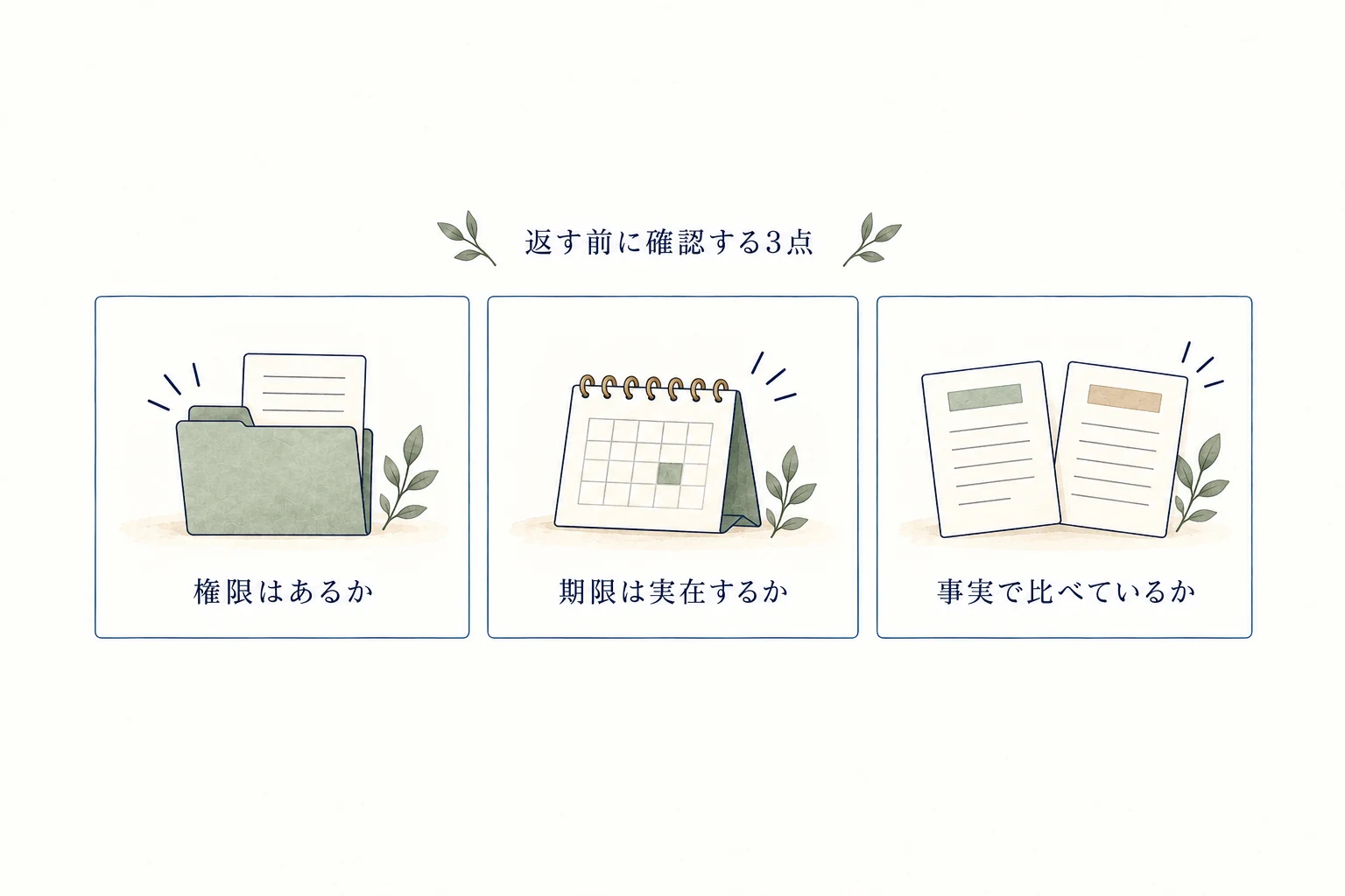 権限のある約束か、期限は実在するか、事実に基づく比較かを返答前に確認する