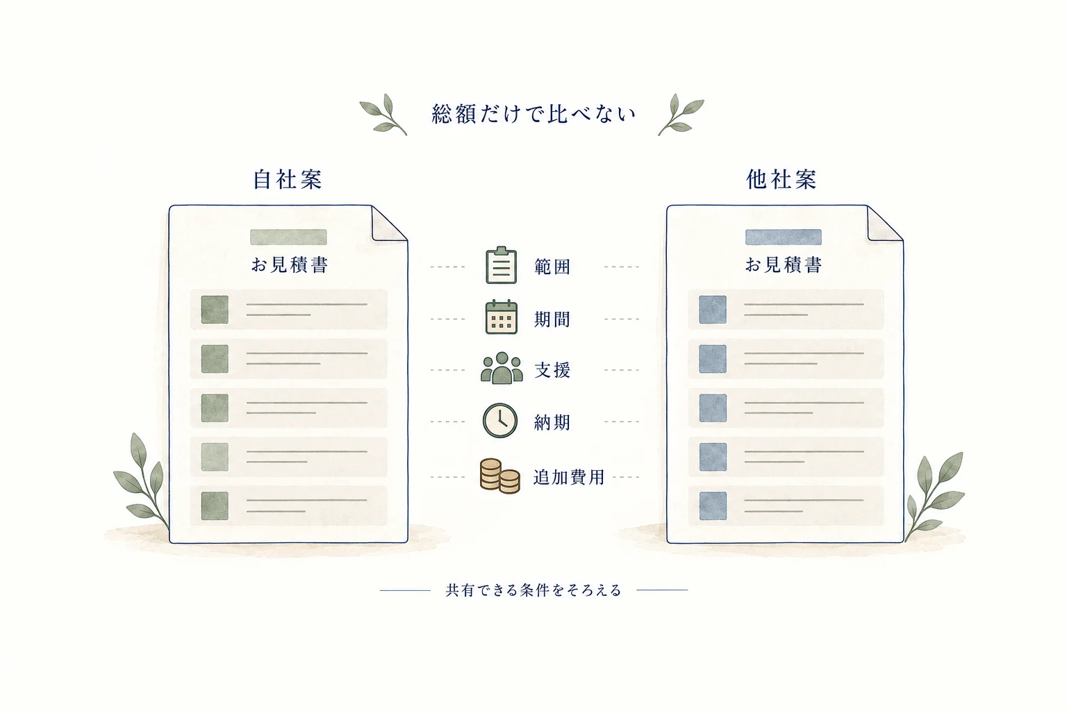 自社案と他社案を、範囲・期間・支援・納期・追加費用の同じ項目で比べる
