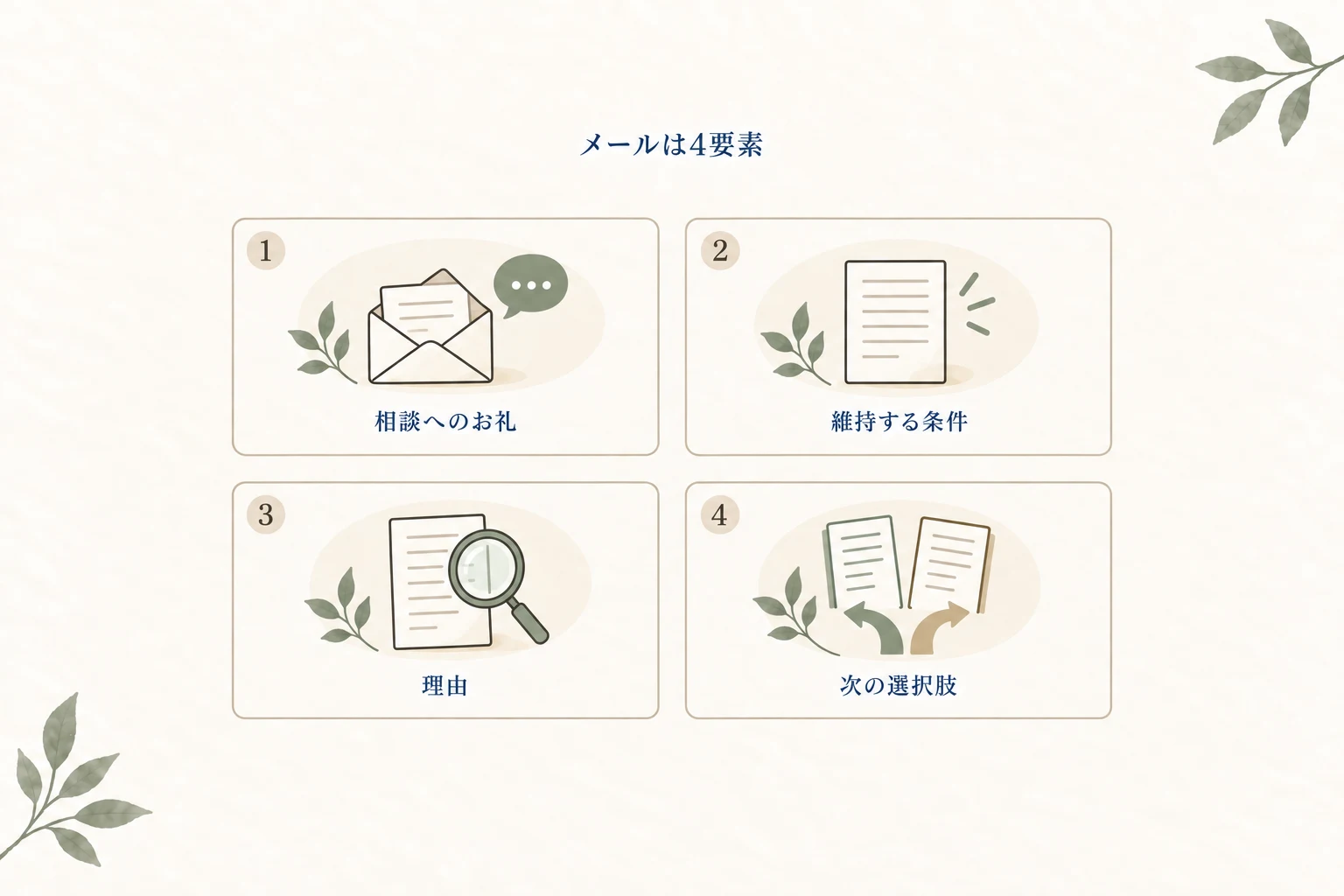 値引きへの回答メールは、相談へのお礼・維持する条件・理由・次の選択肢の4要素で整理する