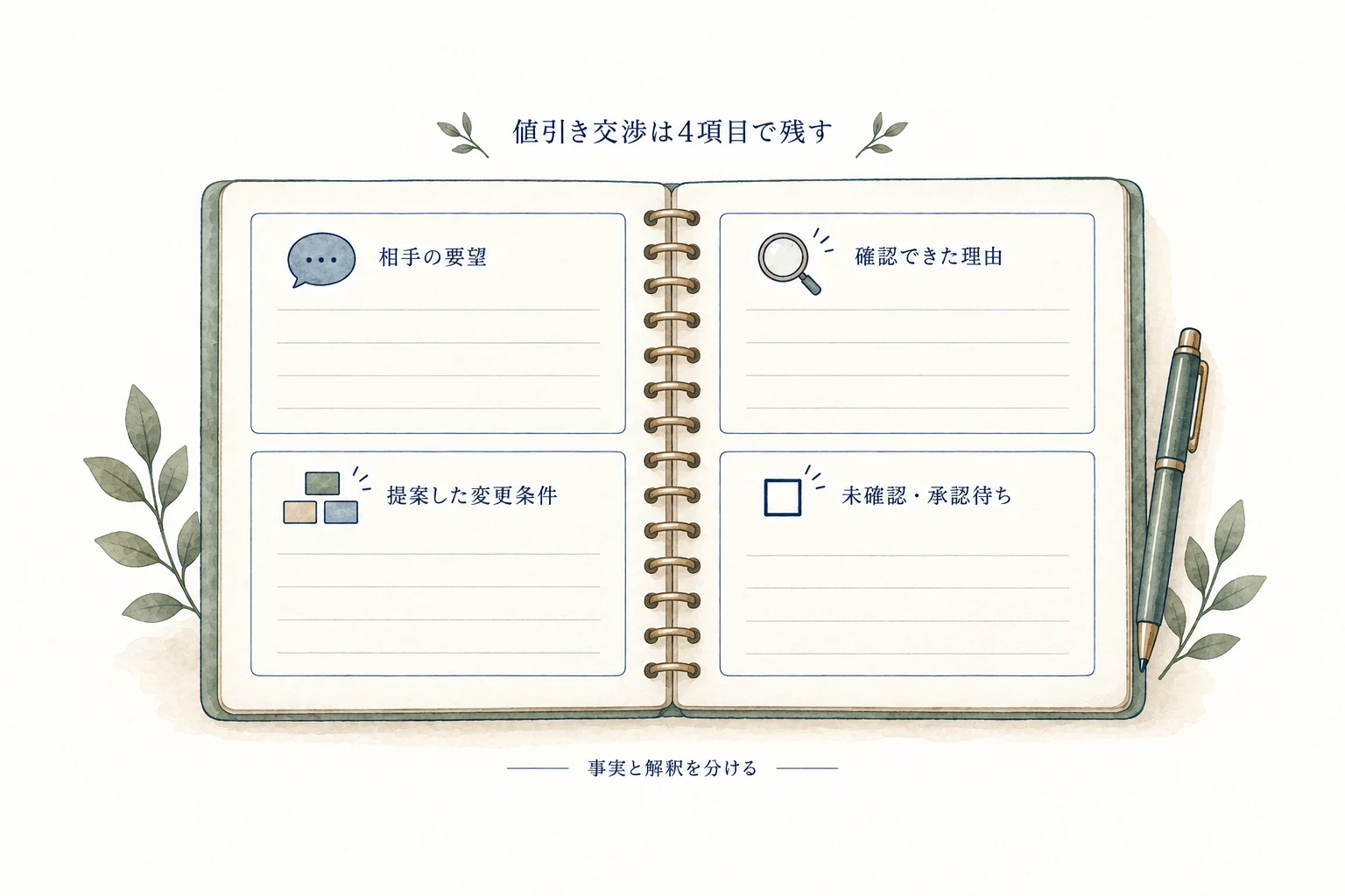 相手の要望、確認できた理由、提案した変更条件、未確認・承認待ちを分けて記録する