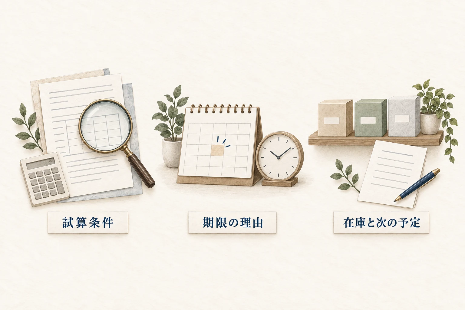 損失は試算条件、期限は理由、在庫は次の予定と一緒に伝える