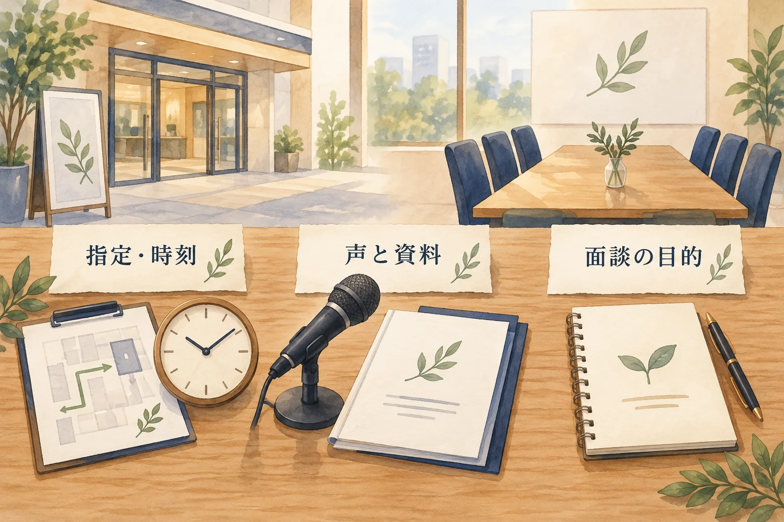 会場の指定と時刻、声と資料の届き方、面談の目的を確認する