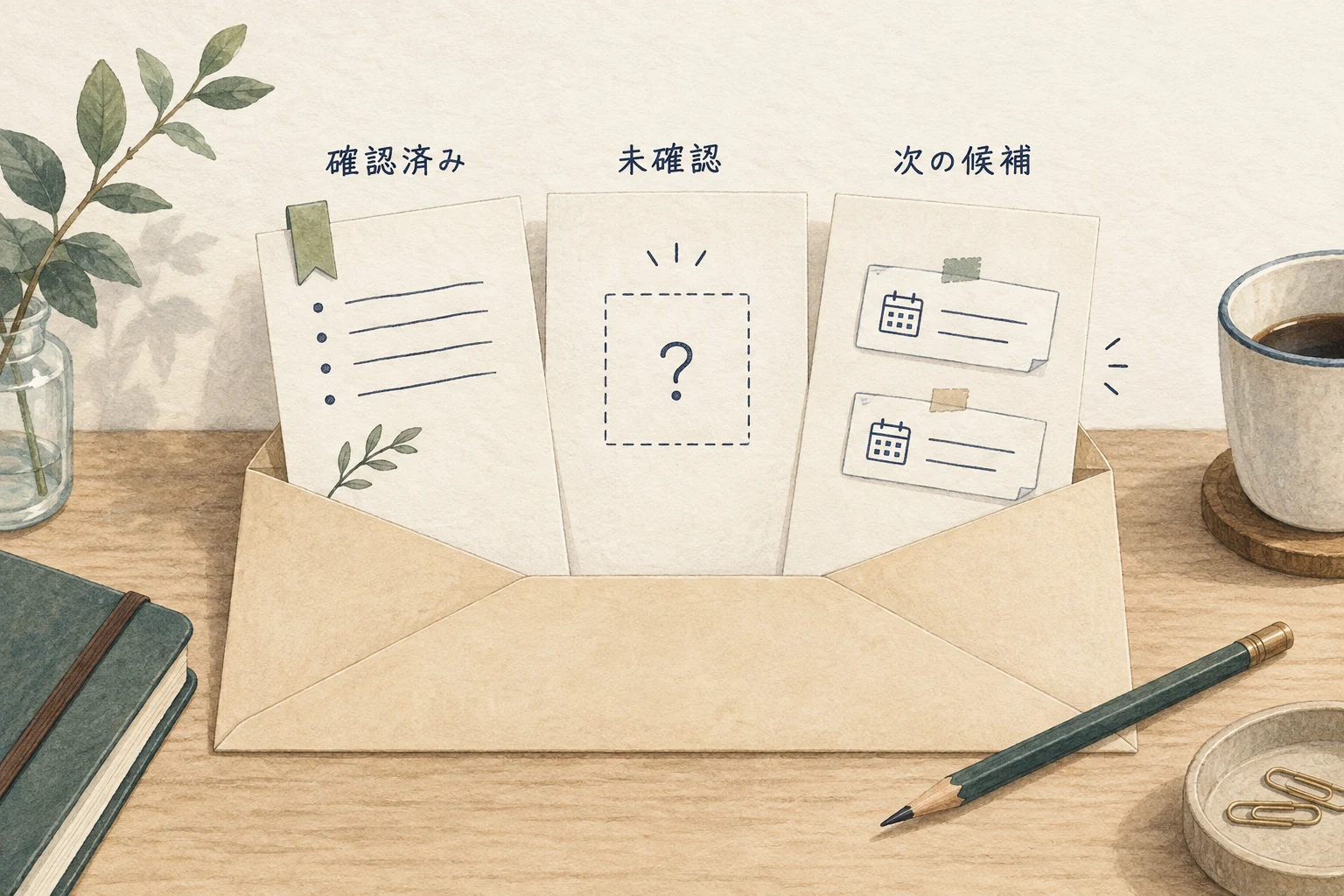 確認済み、未確認、次の候補を分けたメールにし、相手が内容を訂正できるようにする