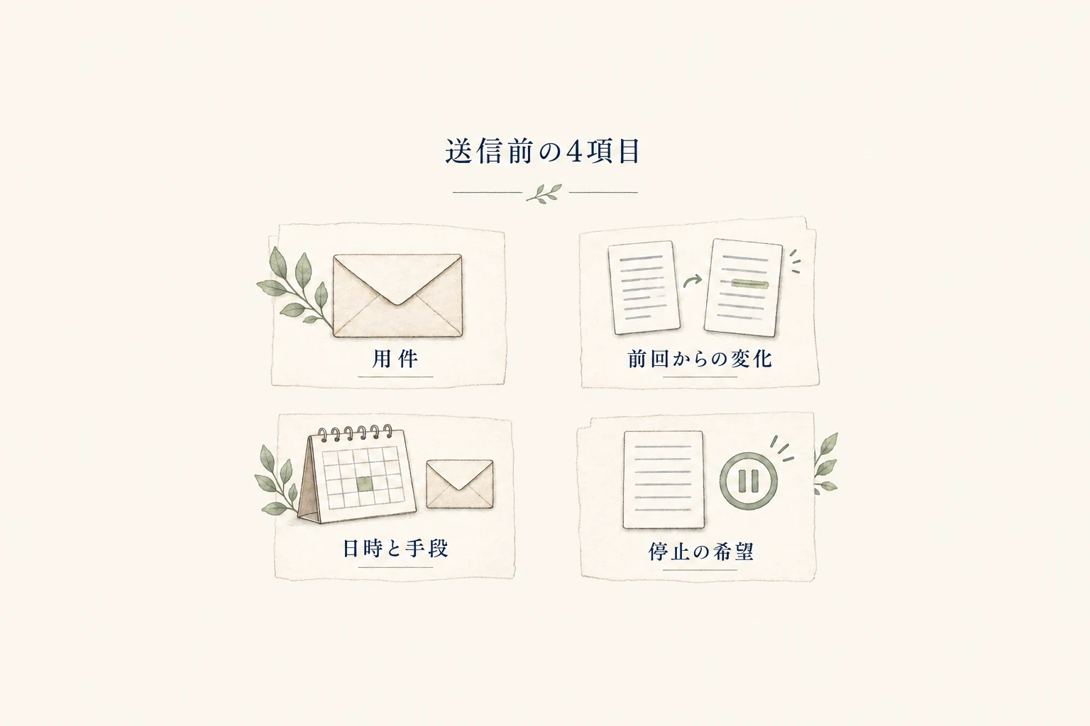 送信前に、用件、前回からの変化、合意した日時と手段、連絡停止の希望を確認する四つのメモ