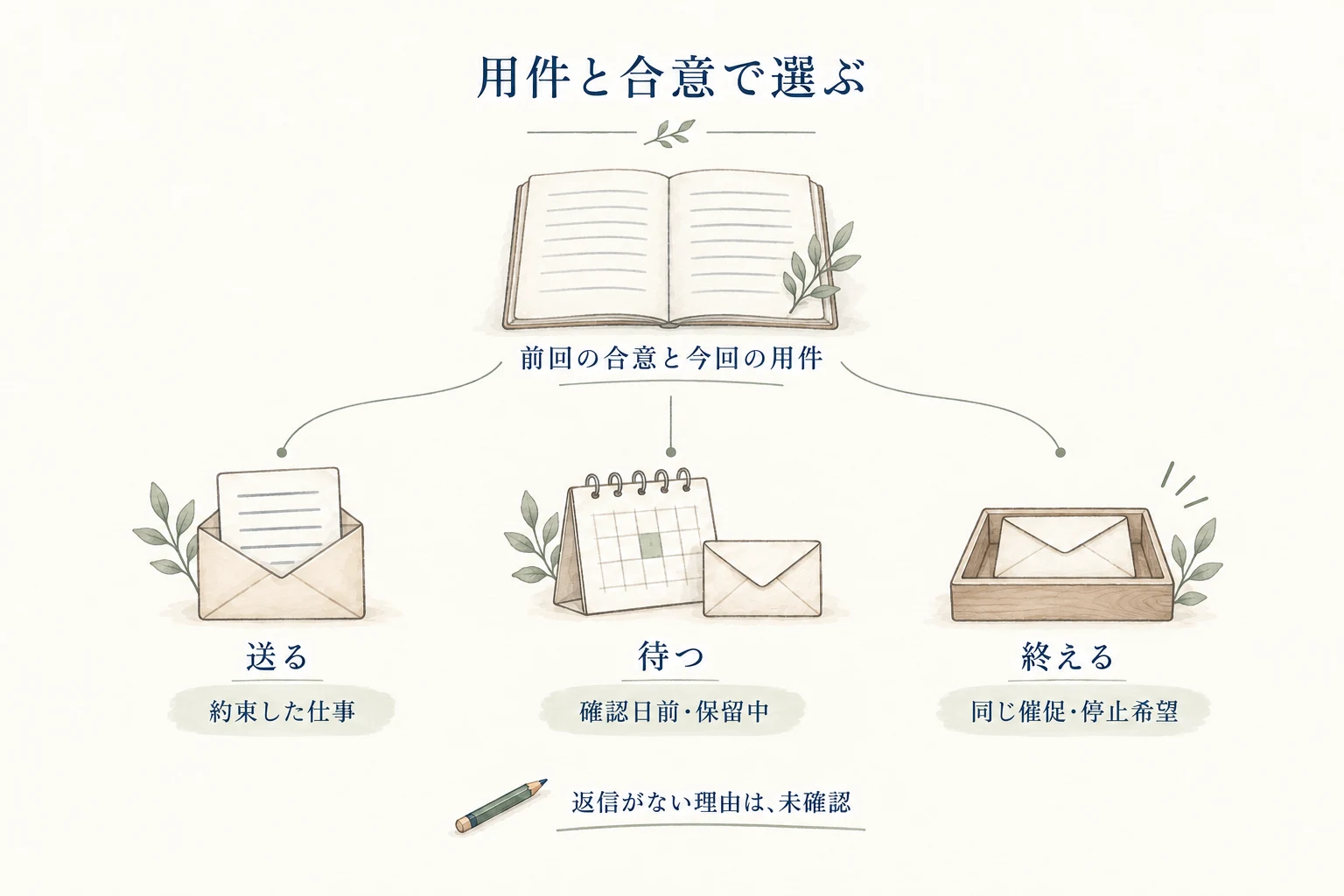 前回の合意と今回の用件を確認し、約束した仕事は送る、保留中は待つ、同じ催促や停止希望なら終えると判断する図