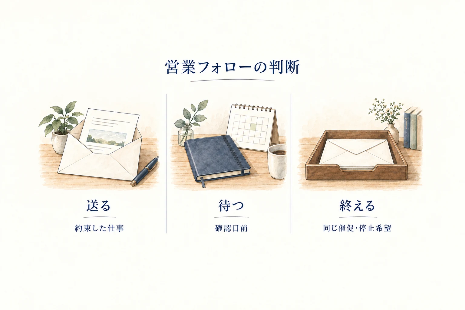 営業フォローは、約束した仕事を送る、確認日前なら待つ、同じ催促や停止希望があれば終えるの三つに分ける