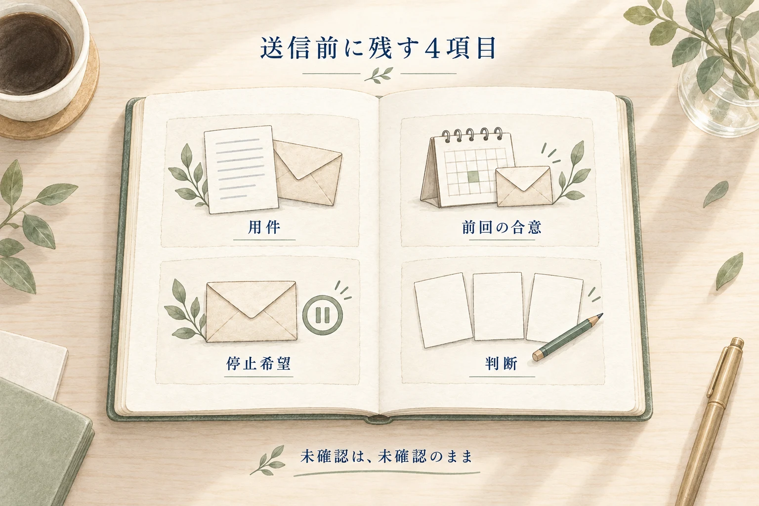 営業フォローの送信前に、用件、前回の合意、停止希望、送る・待つ・終える判断を記録し、分からない欄は未確認として残す四つの欄の図