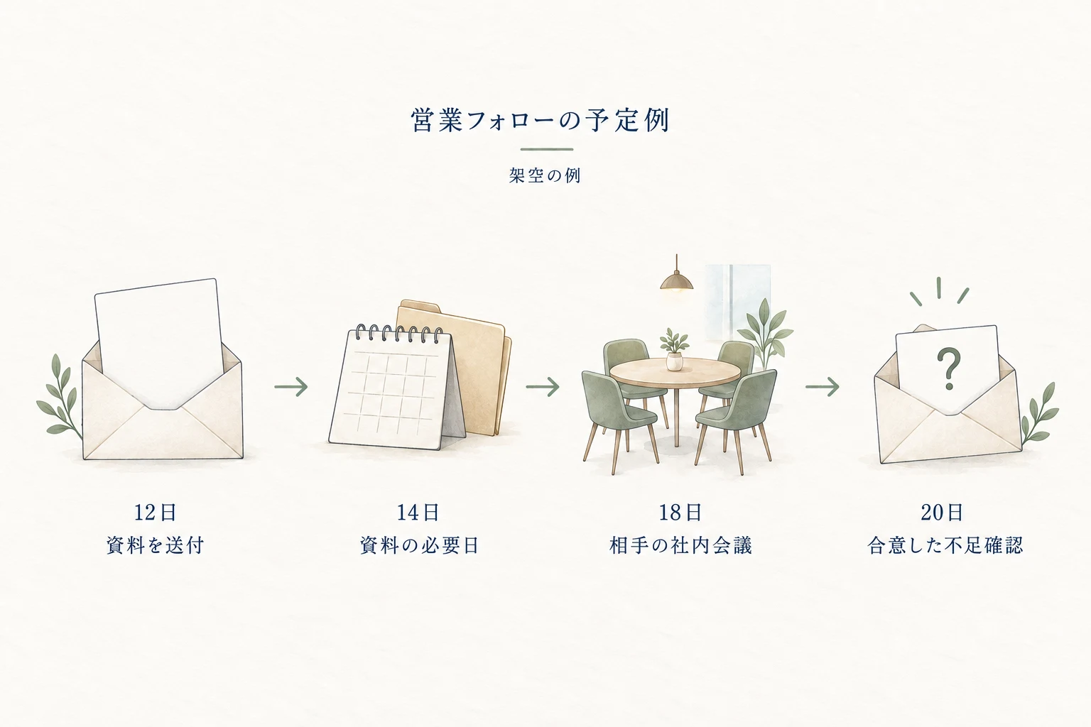 架空の予定例。12日に資料を送付、14日が相手の必要日、18日に相手の社内会議、20日に合意した不足確認を行う