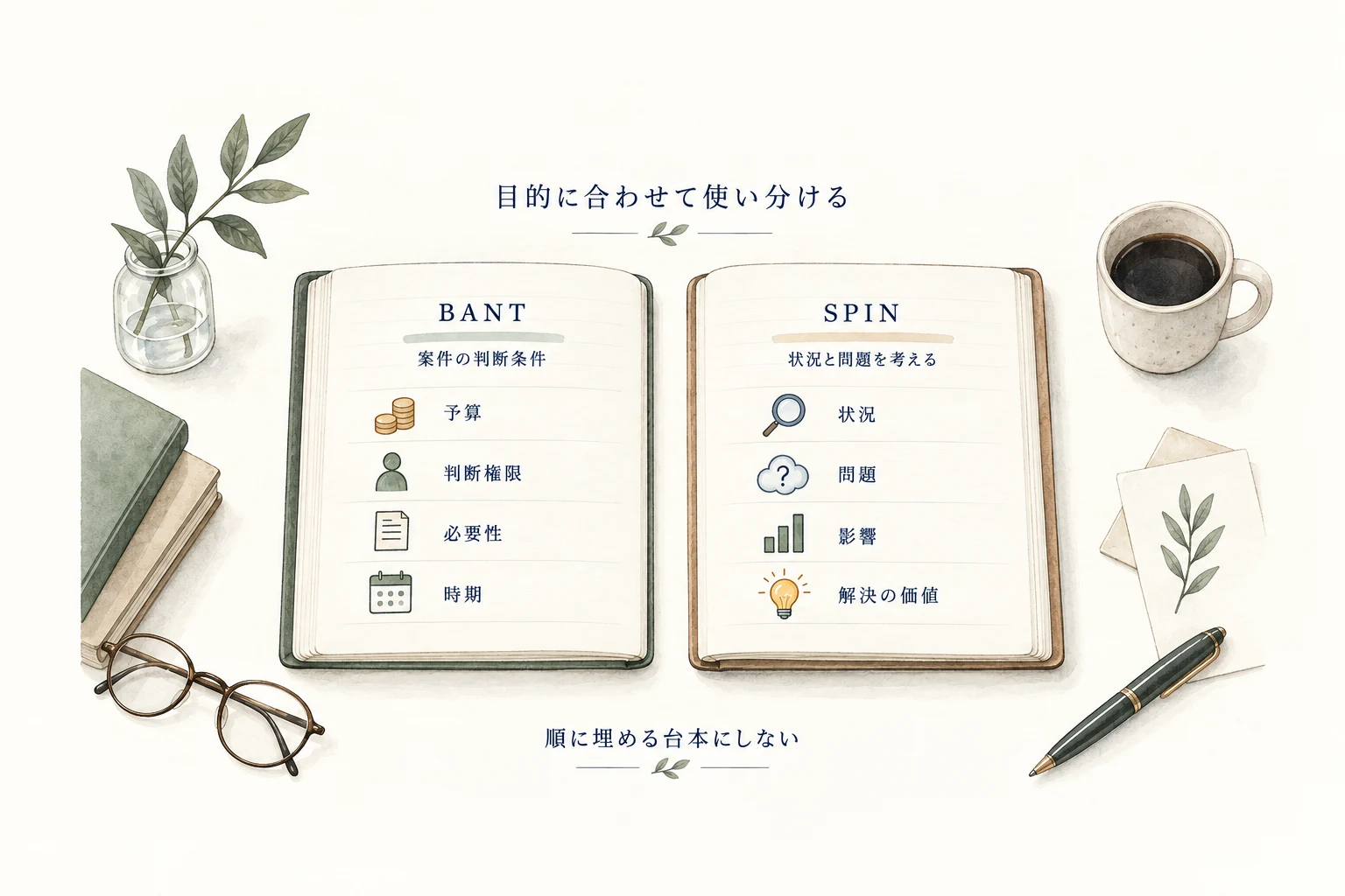 BANTは予算・判断権限・必要性・時期、SPINは状況・問題・影響・解決の価値を整理する。順に埋める台本にはしない
