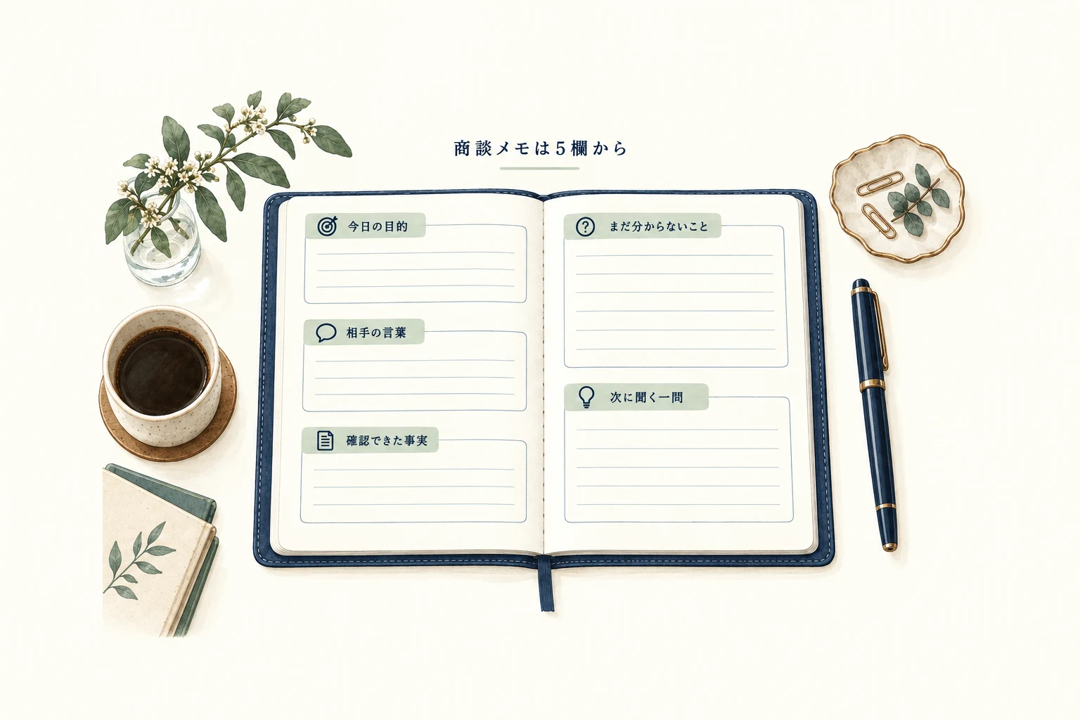 今日の目的、相手の言葉、確認できた事実、まだ分からないこと、次に聞く一問を分けて記録する