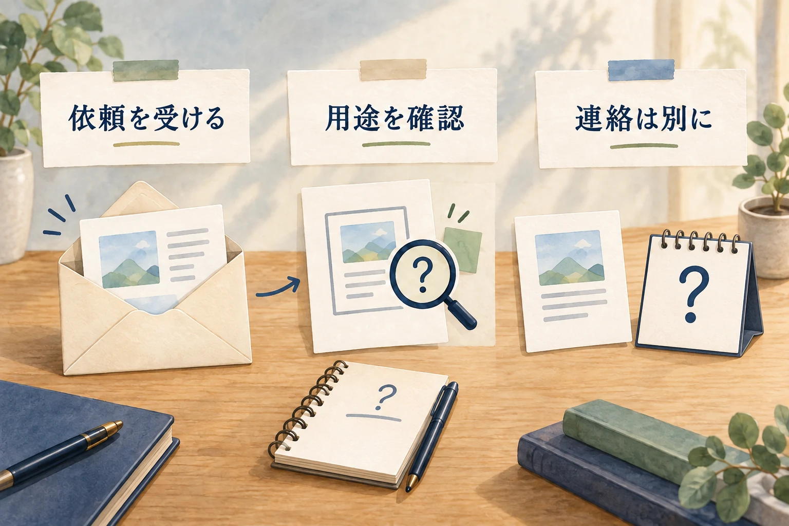 資料依頼を受け、用途を確認し、後日の連絡は別に決める