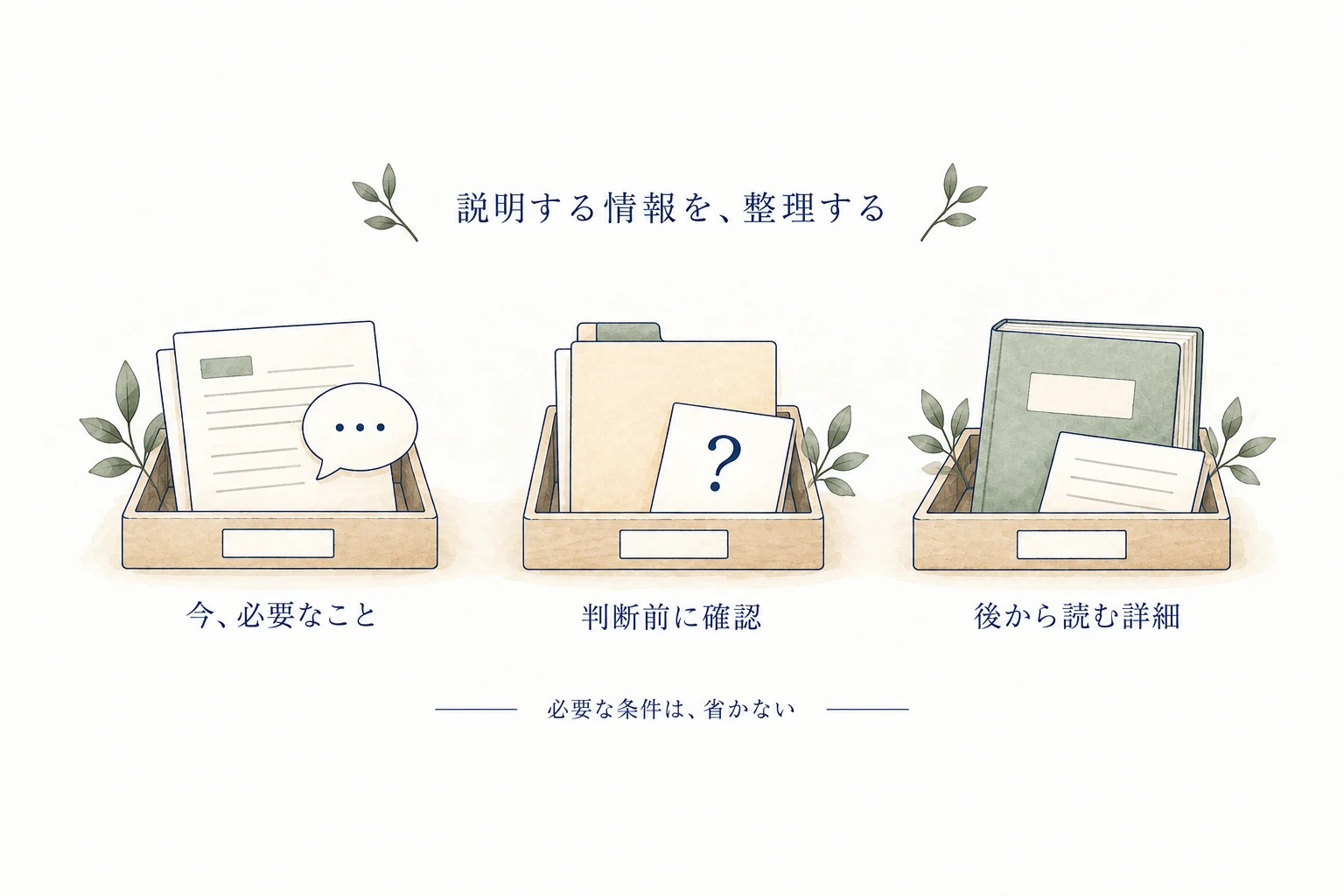 説明する情報を、今の判断に必要なこと、判断前に確認すること、後から読む詳細の3つに整理する図。必要な条件は省かない