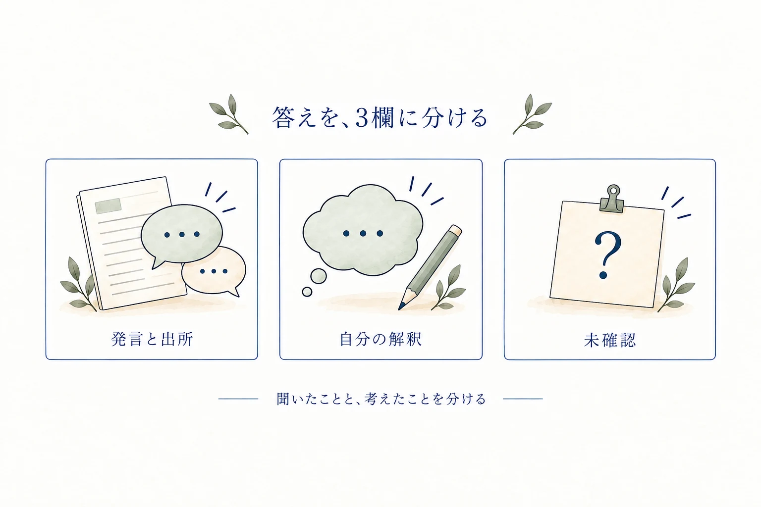 聞いた答えを、発言と出所、自分の解釈、未確認の3欄に分けた図。相手が話したことと自分が考えたことを混ぜない
