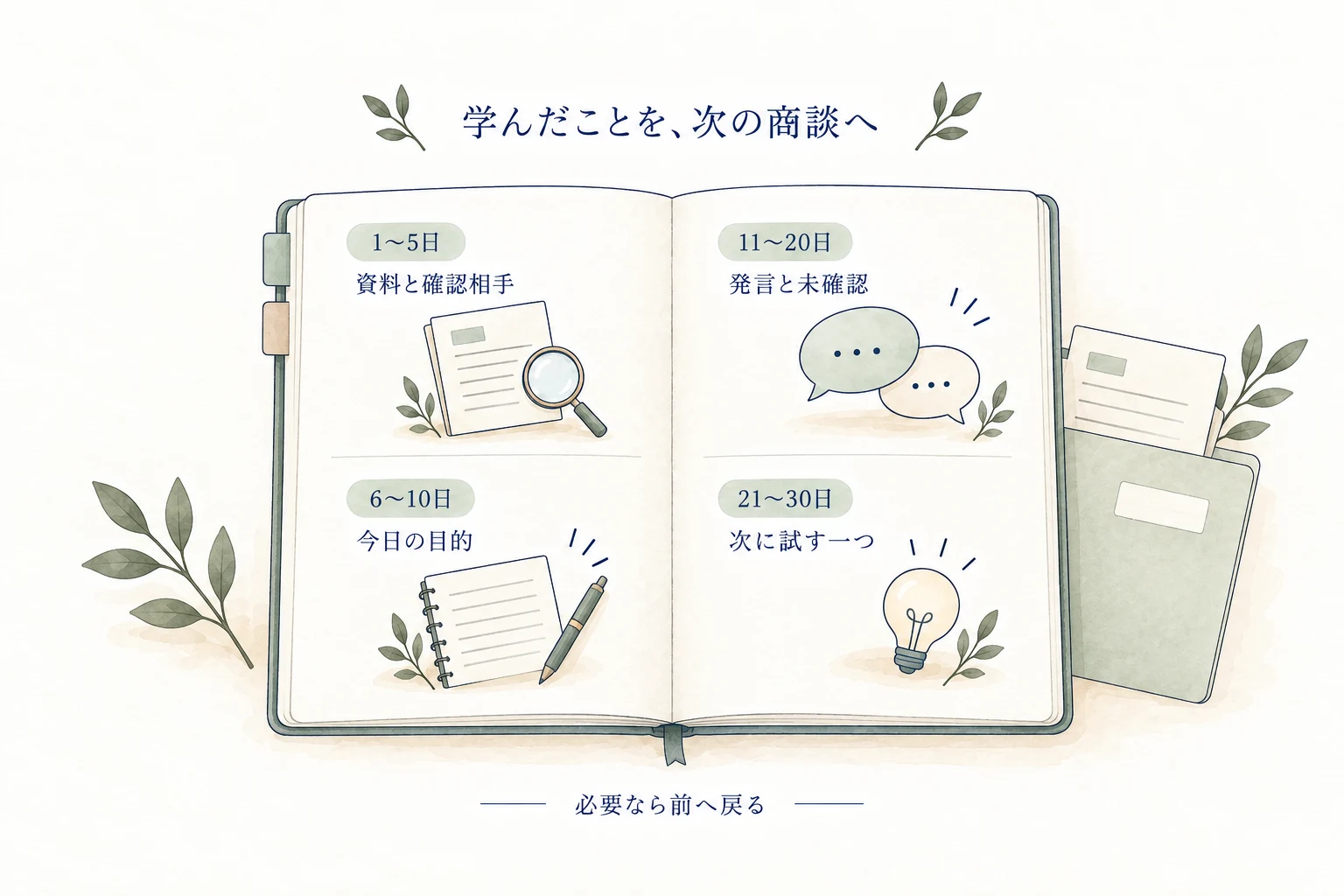 1〜5日は資料と確認相手、6〜10日は今日の目的、11〜20日は発言と未確認、21〜30日は次に試す一つを残す。必要なら前へ戻れる学習メモの図