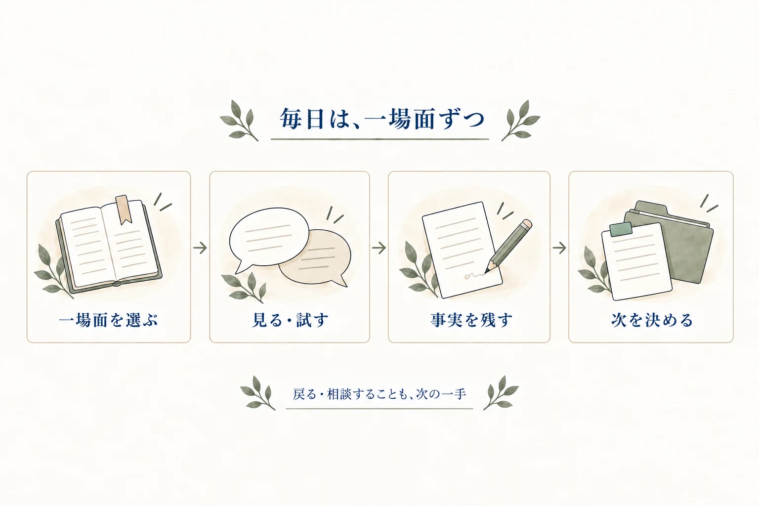 一場面を選ぶ、見学やロープレで試す、事実を残す、次の一つを決める四段階。練習量を増やす前に観察する内容を決める図