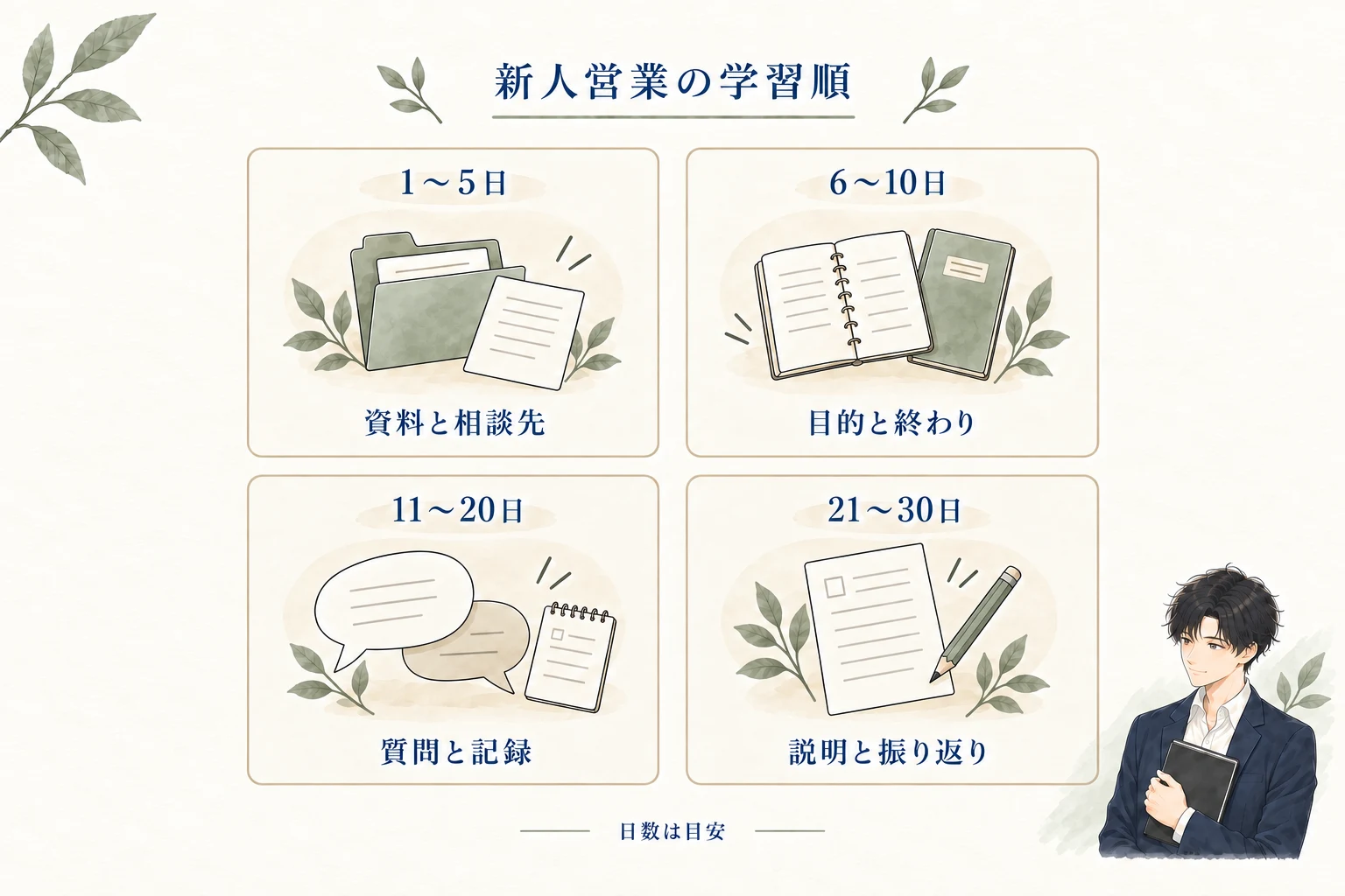 新人営業の30日を、1〜5日の資料と相談先、6〜10日の目的と終わり、11〜20日の質問と記録、21〜30日の説明と振り返りに分けた学習順の図