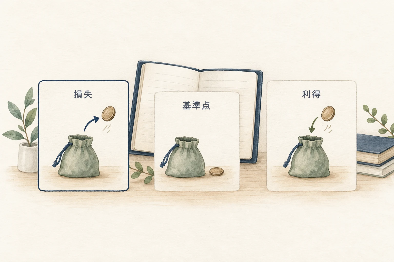基準点から同じ量が減る場合と増える場合を比べ、損失側を質的に強調する図。固定倍率や感情の実測ではない