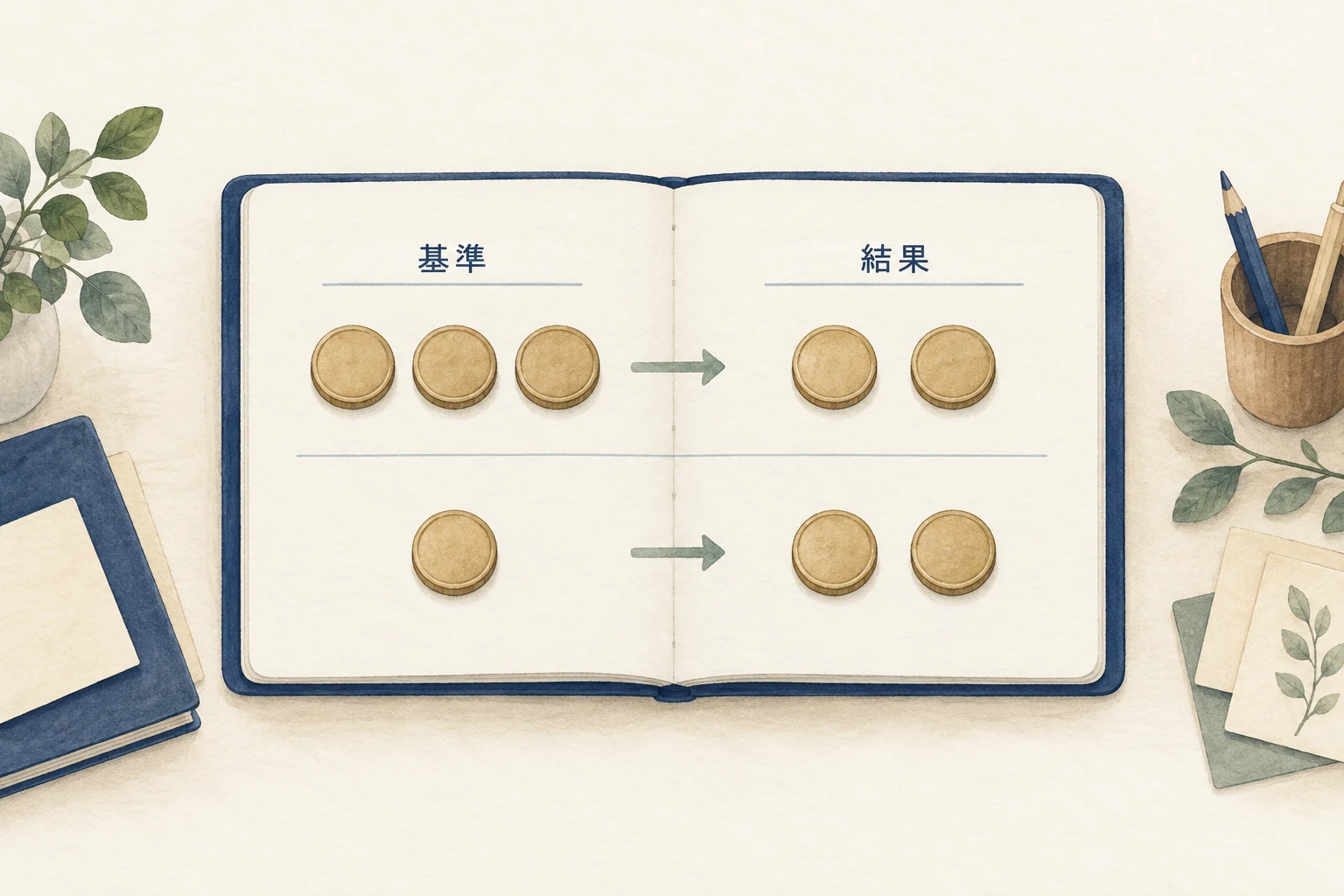 同じ最終量でも、基準が多ければ減少、少なければ増加になる例。心理の強さを測る図ではない
