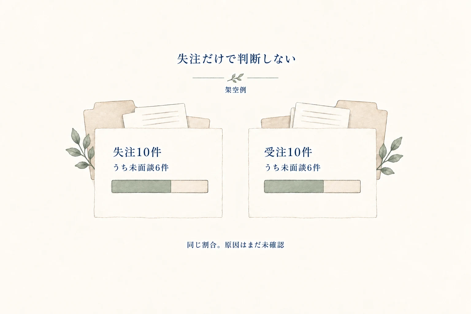 架空例では、決裁者と未面談の案件は失注10件中6件、受注10件中6件。同じ割合なので失注だけの特徴とは言えない